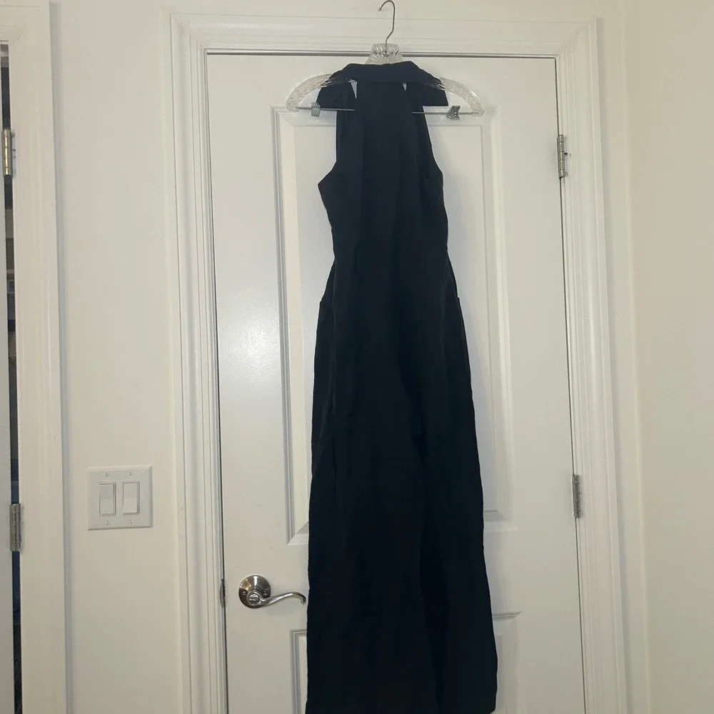Club Monaco Black Silk Linen Cotton Button Front Wide Leg Jumpsuit Size 0 classy